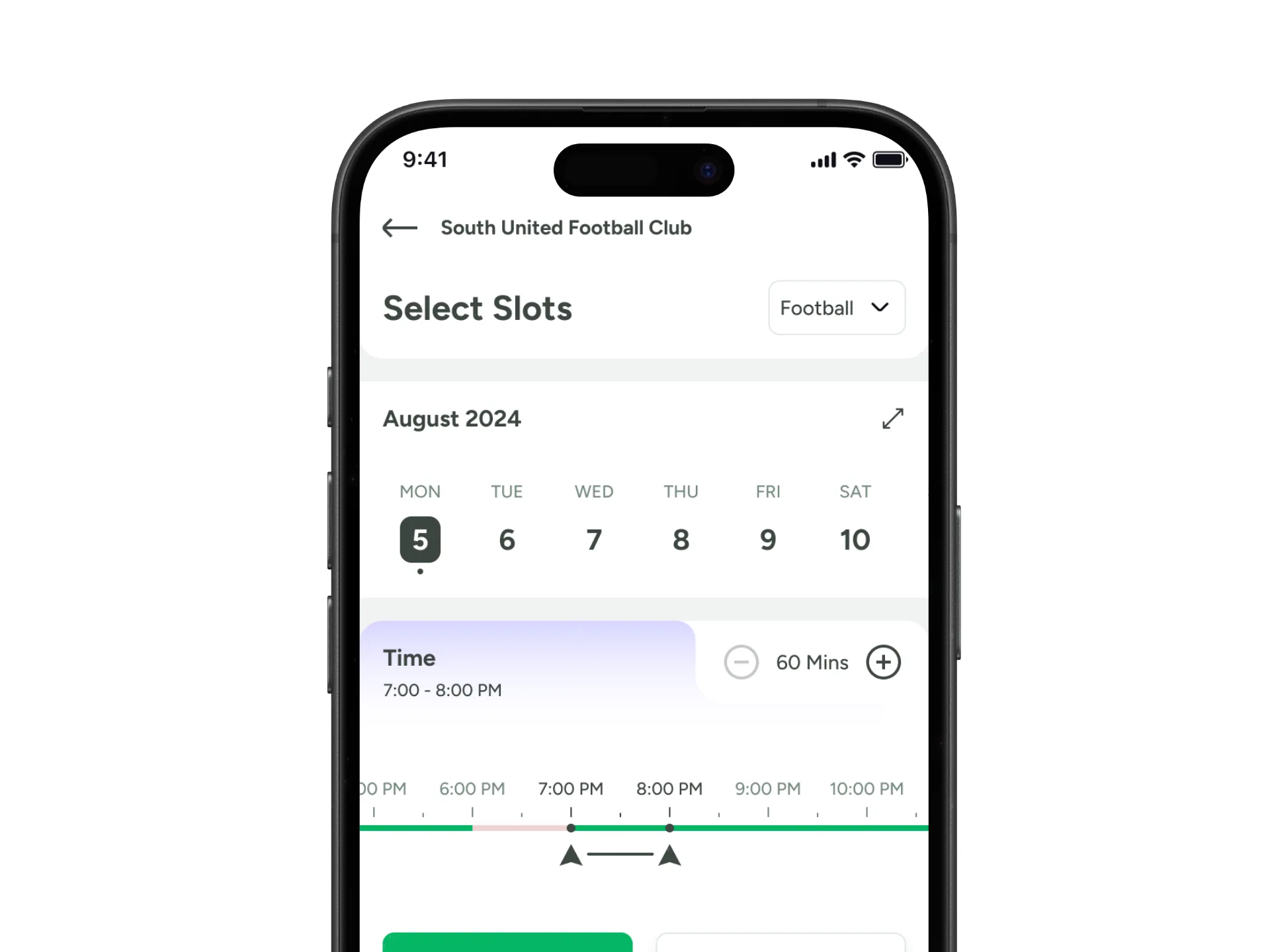 Date and slot selection — real-time availability at a glance